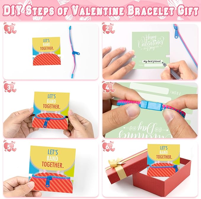 OuMuaMua Valentines Gift for Kids Classroom - 30 Pack Valentines Exchange Cards with Zipper Bracelets for School Class Exchange Gifts, Toddlers Girls Boys Valentines Gifts