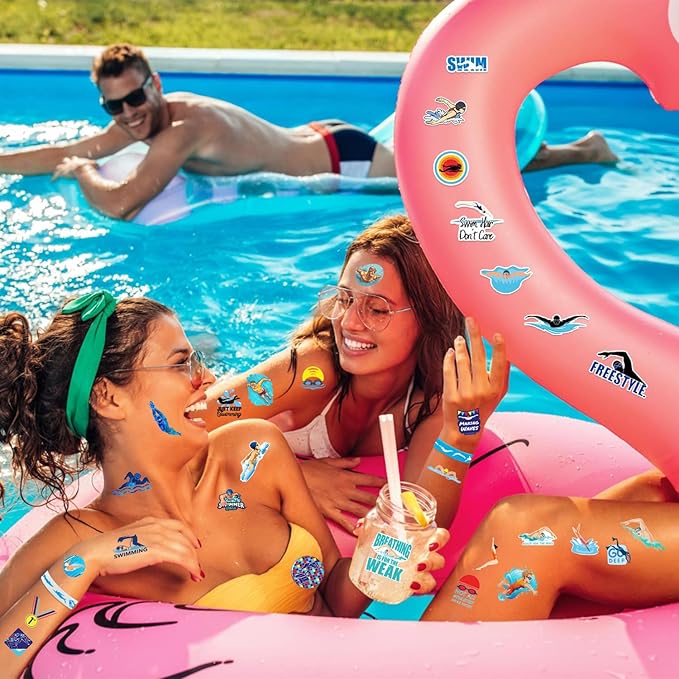 98 PCS Swimming Party Favors, Swimming Temporary Tattoos Badges Silicone Bracelets Stickers Keychains for Swimming Swim Team Sport Birthday Party Decorations Supplies Gifts for Swimmers Kids Teens