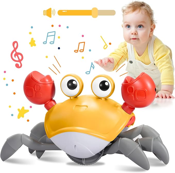 Plnmlls Crawling Crab Baby Toy - Tummy Time Toys-with Music and LED Light,Built-in Rechargeable Battery and Volume Can be Turned Off for 0-6 6-12 12-18 36 Months Walking Toddler Birthday Gift(Orange)