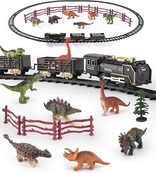 Dinosaur Toy Train Set, Electric Steam Engine with Light & Sound, Include 6 Dino Figures & Accessories, Miniature Animals Toy Cake Topper Bulk Toddler Stocking Stuffers Gift for Ages 3 & Up Boys Girls