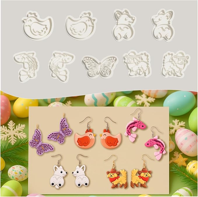 9pcs Farm Theme Polymer Clay Cutters，Animal Polymer Clay Jewelry - Fish Hen Cowboy Dog Butterfly Corgi Polymer Clay Cutters，Easter Gifts
