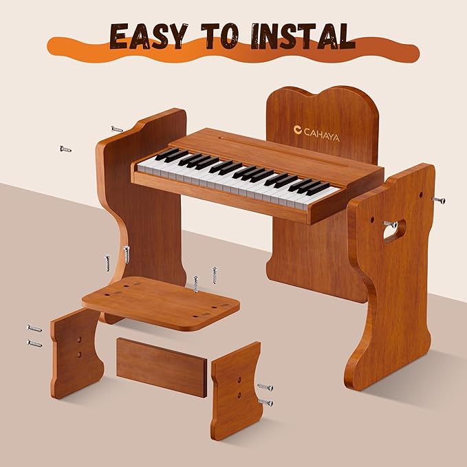 CAHAYA Kids Piano Keyboard Wooden - 37 Keys Digital Piano for child, Baby Piano Toy with Touch Controls Music Educational Instrument Set Wooden Toy for 3+ Girls Boys Gift