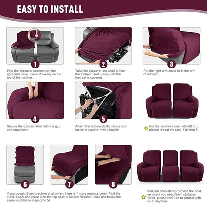 KinCam Recliner Covers, Stretch Reclining Chair Covers, Recliner Sofa Slipcovers Stripe Jacquard Recliner Couch Covers Furniture Protector Covers for Pet Kid (3 Seater, Burgundy)