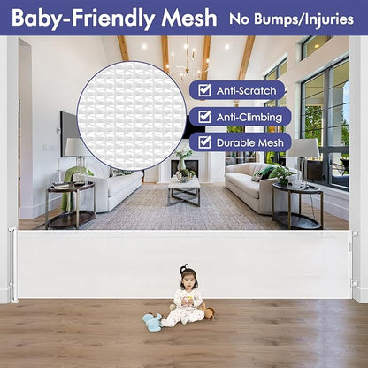 145 Inch Retractable Baby Gates Extra Wide Dog Gate for Extra Wide Openings Retractable Dog Gate Indoor Outdoor Retractable Gate Mesh Baby Gate Extra Long Baby Gate for Stairs, Doorways, White