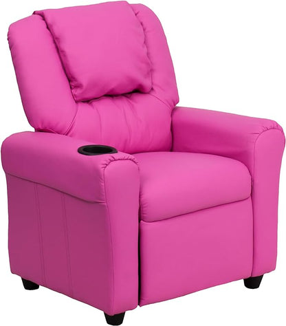 Flash Furniture Vana Vinyl Kids Recliner with Cup Holder, Headrest, and Safety Recline, Contemporary Reclining Chair for Kids, Supports up to 90 lbs., Hot Pink