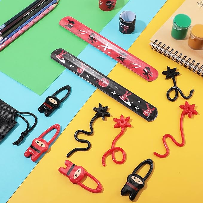 Cindeer 18 Set Ninja Party Favors, Includes Ninja Theme Drawstring Bags, Stretchy Flying Ninjas and Stars Slingshots Stretch Toys, Slap Bracelets for Karate Ninja Birthday Party Favor Supplies