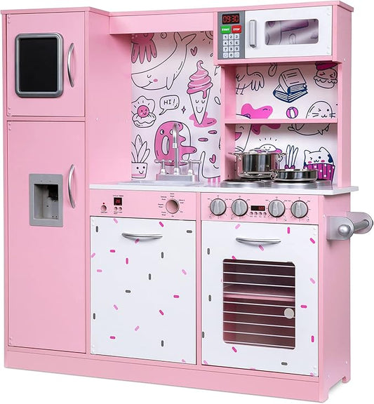 Lil' Jumbl Kids Kitchen Set, Pretend Wooden Play Kitchen, Battery Operated Icemaker & Microwave with Realistic Sound, Pots & Pan Included - Pink