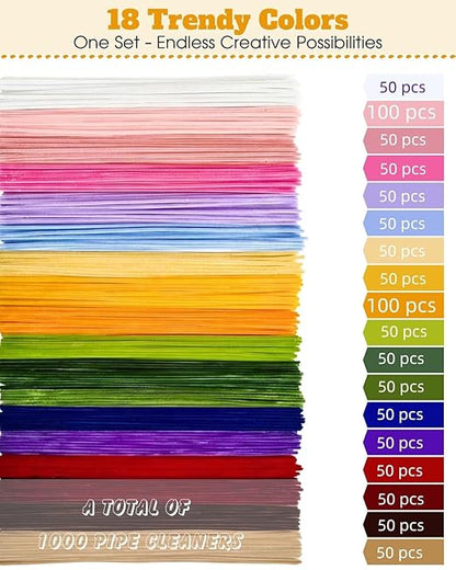 1000 Pcs Pipe Cleaners Flower Kit, 18 Colors Chenille Stems with Complete Accessory Set & Instruction, Pipe Cleaners Craft, Art and Craft Supplies, DIY Art Projects Creative Gift