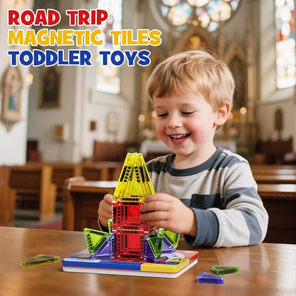 WMXDU Mini Magnetic Tiles with Iron Case, Magnetic Building Toys Kid's Travel Essential Portable Creativity On-The-Go Magnet Blocks STEM Travel Toys for Toddler Boys Girls Ages 3+, 26-Piece