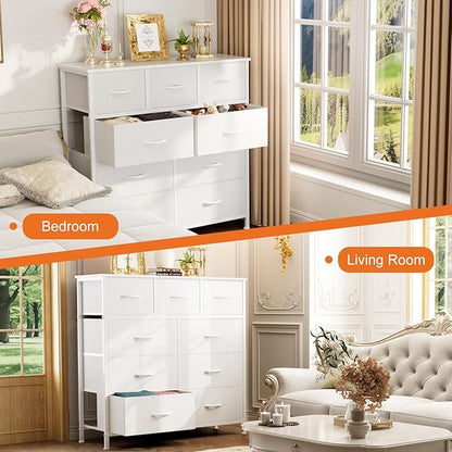 Sweetcrispy 9-Drawer Fabric Dresser Storage Tower with Wood Top and Steel Frame, Organizer Chest with Easy Pull Handles for Bedroom, Closet, Hallway,Pure White