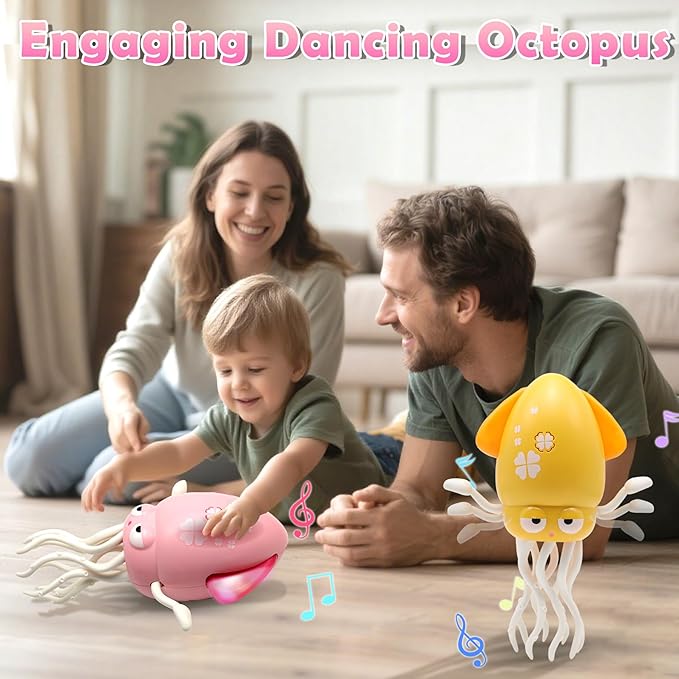 Pbooo Magic Dancing Octopus Toy, Electric Crawling with LED Lights and Music, Rechargeable Music Squid Baby Toy for 3-6 Year Olds, Tummy Time and Toddler Walking Toy, Birthday Gift, Light Pink