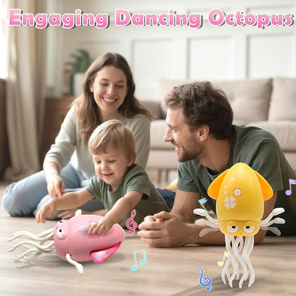 Pbooo Magic Dancing Octopus Toy, Electric Crawling with LED Lights and Music, Rechargeable Music Squid Baby Toy for 3-6 Year Olds, Tummy Time and Toddler Walking Toy, Birthday Gift, Light Pink
