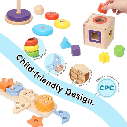 4-in-1 Wooden Montessori Toys for 1+ Year Old - Educational Sensory Toys for Toddlers Aged 1-3 - Baby Learning Toys for Boys and Girls, Christmas Birthday Gifts