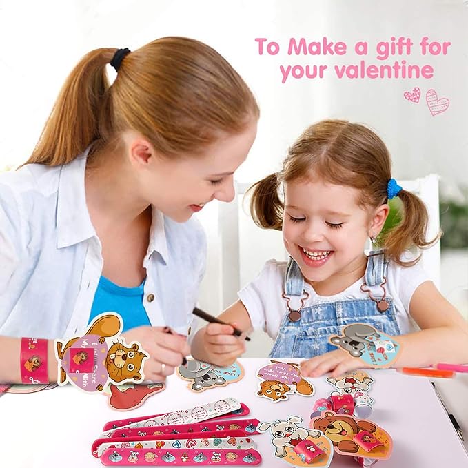 Mibor Valentines Day Cards for Kids - 30 Slap Bracelets + 30 Valentines Cards for Kids Class, 6 Cute Animals Patterns Cards, Kids Valentines Day Cards for School Classroom Valentines Day Decorations