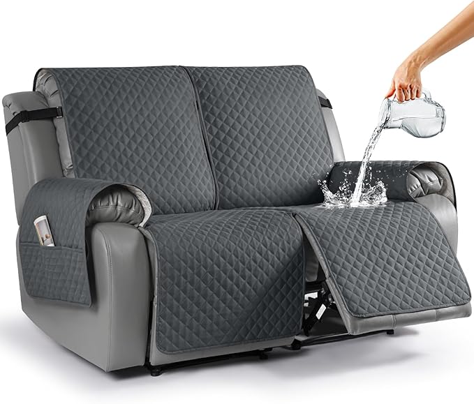 TAOCOCO Waterproof Recliner Loveseat Cover Non-Slip Sofa Slipcover, Pet Couch Cover for Loveseat Recliner with Straps, Washable Reclining Loveseat Cover Furniture Protector (2 Seater, Charcoal Gray)
