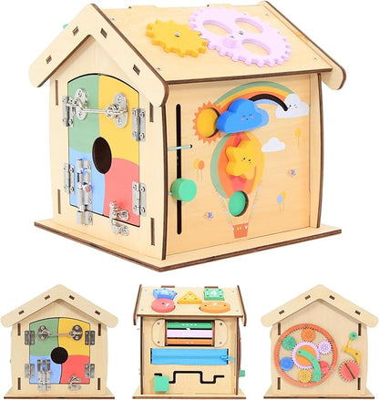 Wooden Busy Board for Toddlers Montessori Toy for Fine Motor Training and Life Skills Development-14-in-1 Toddler Activity Board Sensory Toys-Perfect Montessori Toys for over 3 years old kids