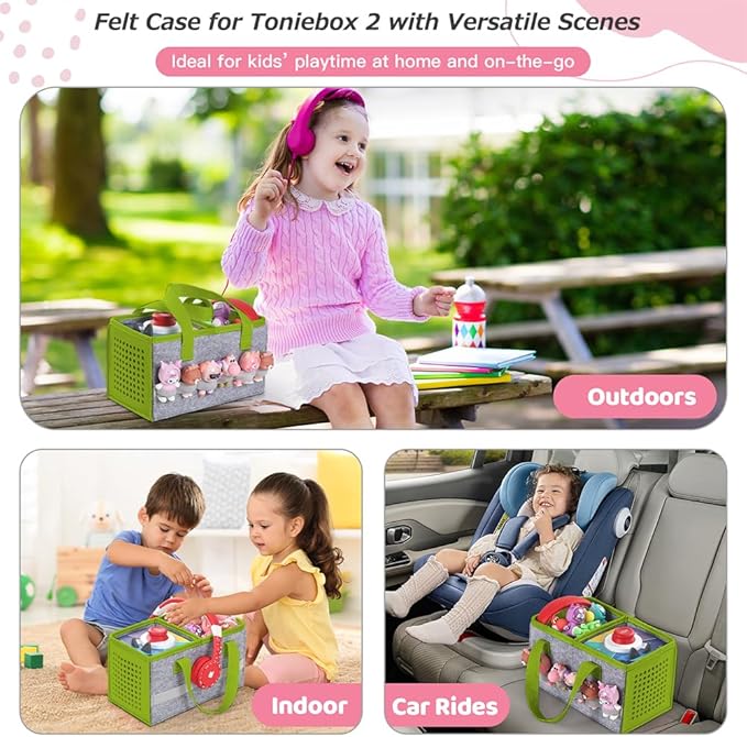 PISOSN Carrying Case for Toniebox Starter Set and Tonies Figurines, Travel Felt Cloth Musical Toy Folding Bag for Toniebox 2 & Accessories (Green)