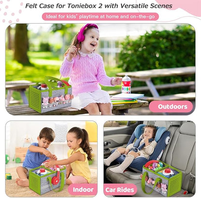 PISOSN Carrying Case for Toniebox Starter Set and Tonies Figurines, Travel Felt Cloth Musical Toy Folding Bag for Toniebox 2 & Accessories (Green)