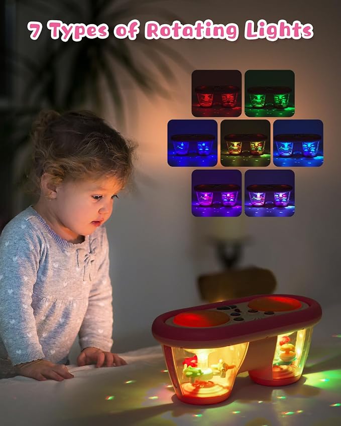 Baby Toys for 6 to 12 Months: 7 Models Pink Rotating Light Up Drum Musical Instruments for 12-18 Months Kids, Tummy Time Toys for Baby 0-3-6-9 Months, Walker for Boy Girl Gifts
