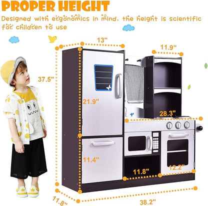 Costzon Kids Kitchen Playset, Wooden Toddler Kitchen Toy Set with Realistic Sound, Microwave, Oven, Refrigerator, Chalkboard & Towel Rack, Pretend Play Kitchen, Gift for Boys Girls (Coffee)