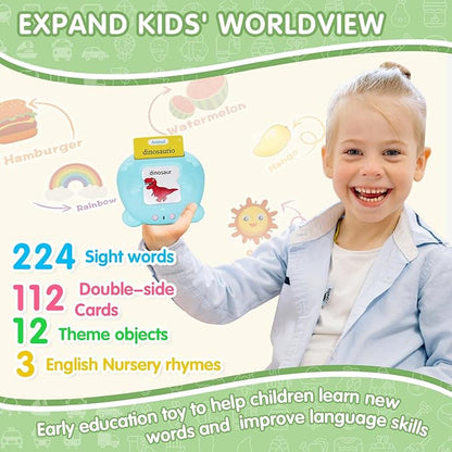 Whongkidz Spanish Talking Flash Cards, Bilingual Toy for Kids Toddlers Pocket Speech Audible Flashcards, Educational Autism Sensory Toys for Autistic Children, Speech Therapy Toys (Blue_112 Cards)