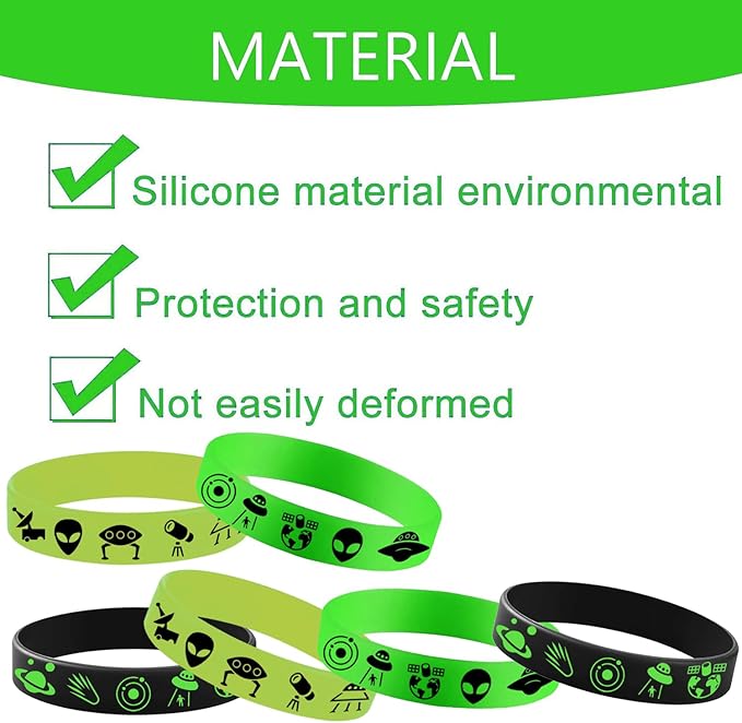 48PCS Green Alien Party Rubber Bracelets, Outer UFO Space Alien Themed Birthday Party Decorations Supplies Decor Gifts Goodie Bag Favors Green Alien Silicone Wristbands