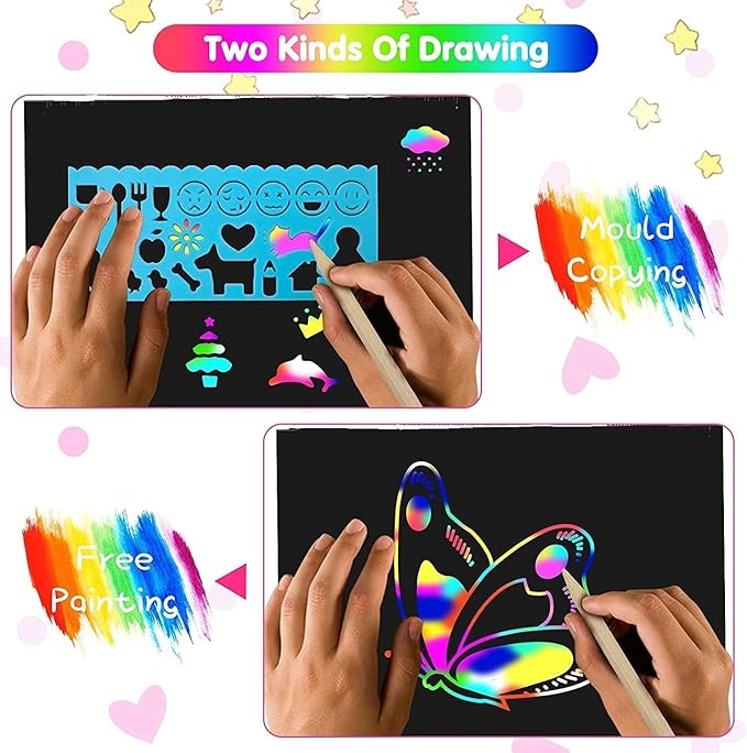 Smasiagon Scratch Paper Art Set for Kids: 60 Pcs Magic Black Scratch Off Art Crafts Kits Colorful Drawing Toys for 3-12 Year Old Girls Boys Halloween Party Favor Game DIY Birthday Christmas Gift