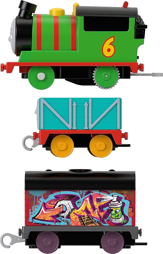 Thomas & Friends Motorized Toy Train Graffiti Percy Battery-Powered Engine with 2 Cargo Cars for Pretend Play Preschool Kids Ages 3+ Years