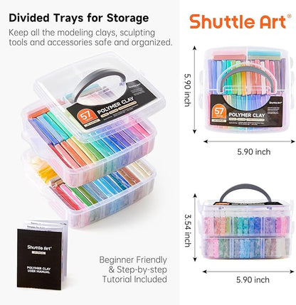 Polymer Clay, Shuttle Art 57 Colors Oven Bake Modeling Clay, Creative Clay Kit with 19 Clay Tools and 10 Kinds of Accessories, Non-Toxic, Non-Sticky, Ideal DIY Art Craft Clay Gift for Kids Adults
