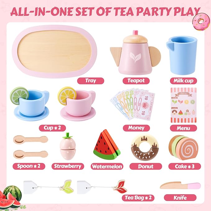 Wooden Tea Party Set, Tea Set for Little Girls 1-3 Toddler Tea Sets for Girls 2-4 with Wooden Toys Food Pretend Play Tea Party Wooden Kitchen Toys Playset Christmas Birthday Gift