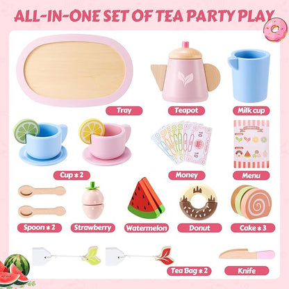 Wooden Tea Party Set, Tea Set for Little Girls 1-3 Toddler Tea Sets for Girls 2-4 with Wooden Toys Food Pretend Play Tea Party Wooden Kitchen Toys Playset Christmas Birthday Gift