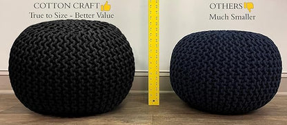 COTTON CRAFT - Hand Knitted Cable Style Dori Pouf - Green - Floor Ottoman - Cotton Braid Cord - Handmade & Hand Stitched - Truly one of a Kind Seating - 20 Dia x 14 High