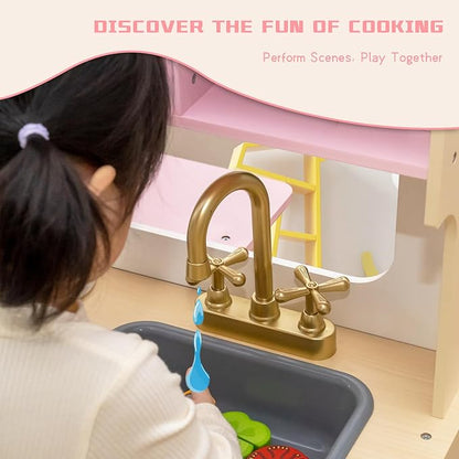Garsing Play Kitchen Pretend for Kids Toddlers, Double Sided Toy Kitchen and Restaurant with Realistic Features, Wooden Toy Kitchen Sets with Storage and Accessories, Age 3+, Pink