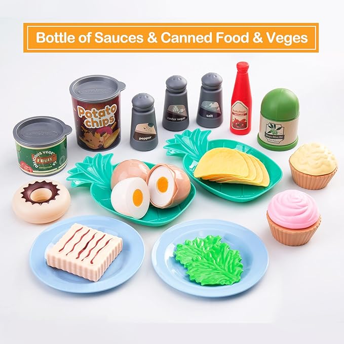 80Pcs Kitchen Playset, Toddler Pretend Cooking with Pots, Pans, Cookware, Food, Picnic Blanket, Fruits, Veges, Shopping Storage Basket, Dessert, Learning Gift for Girls Boys (Blue)