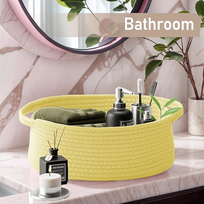 JMvicyroam Woven Basket,Small Rope Storage Bin with Handles & Ribbon Bag, Organizer for Shelves Closets,Gift Basket Empty for Birthday,Books,Dog Toys, Yellow/2 Pack
