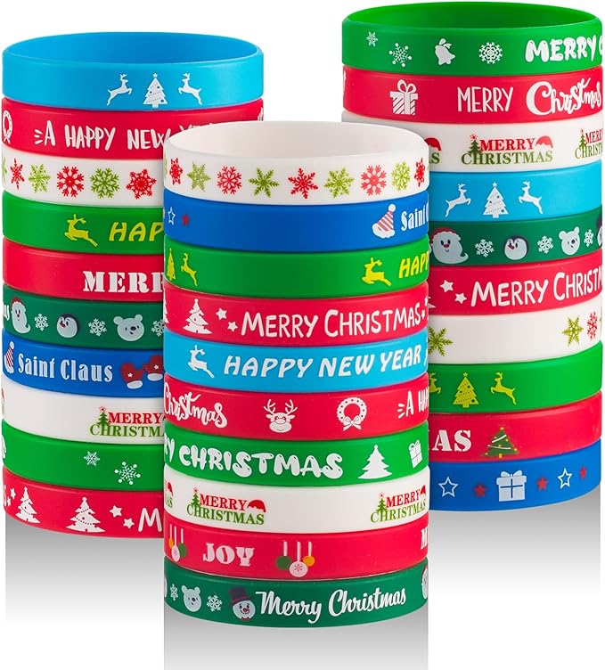 30pcs Christmas Silicone Bracelets for Kids Rubber Wristbands Pack for Christmas Party Favors Supplies Cute Bracelets Bulk for kids&teens Holiday Gifts for Students and Christmas Stocking Stuffers
