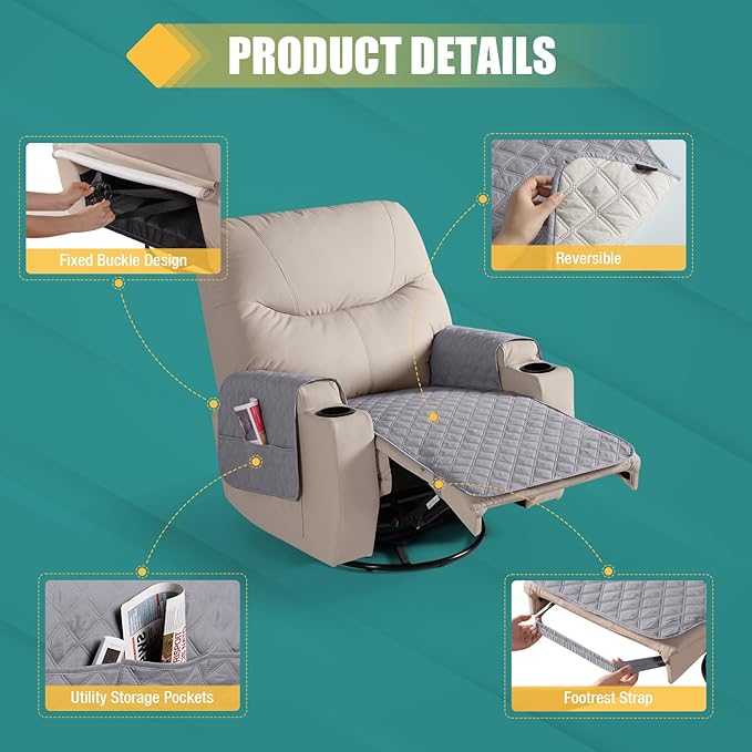 Ruaozz Waterproof Recliner Chair Covers Non Slip Chair Covers Recliner Seat Cover with Arms Washable Recliner Covers for Reclining Chair with Pocket, Covers for Recliner Chair (Light Grey, Small-22'')