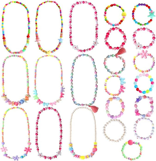 ONESING 22 Pcs Toddler Costume Jewelry Gift Princess Necklace Bracelet Set Girls Play Jewelry Kit Necklace Bracelet for Kids Play Dress Up