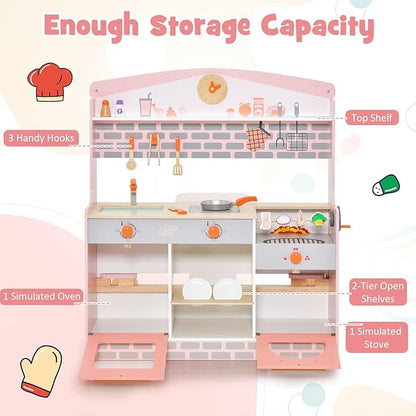 HONEY JOY Kids Kitchen Playset, 3-in-1 Double Side Wooden Little Chef Pretend Play Toy Kitchen Set for Toddlers & Barbecue Grill Set & Restaurant, Retractable Seat & Canopy, Gift for Boys Girls, Pink