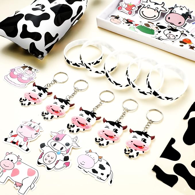 Chunful 148 Pcs Cow Party Favors Supplies Include Cute Cow Keychain Cow Print Gift Bag Elastic Cow Silicone Bracelets Cow Stickers Cow Animal Print Stickers for Kids Girl Shower Birthday(White)