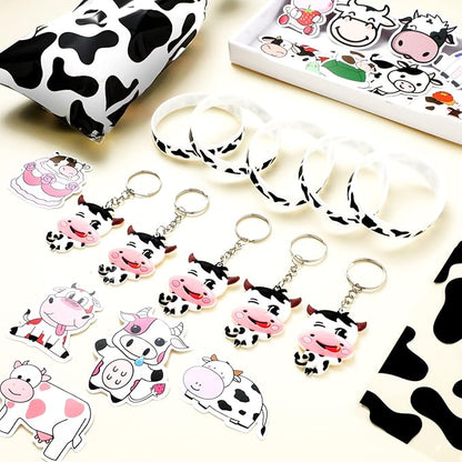 Chunful 148 Pcs Cow Party Favors Supplies Include Cute Cow Keychain Cow Print Gift Bag Elastic Cow Silicone Bracelets Cow Stickers Cow Animal Print Stickers for Kids Girl Shower Birthday(White)