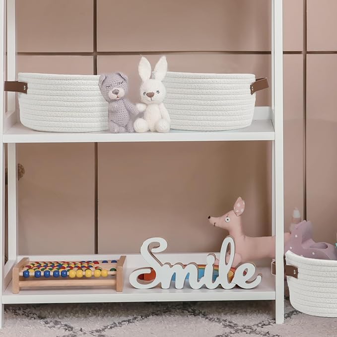 Small Woven Basket, Cute Mini Cotton Rope Storage Basket with leather handle, Tiny Decorative Round Storage Bin, Boho Empty Gift Baskets for Organizing, Toy Organizer for Nursery (Narrow handle)