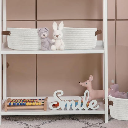 Small Woven Basket, Cute Mini Cotton Rope Storage Basket with leather handle, Tiny Decorative Round Storage Bin, Boho Empty Gift Baskets for Organizing, Toy Organizer for Nursery (Narrow handle)