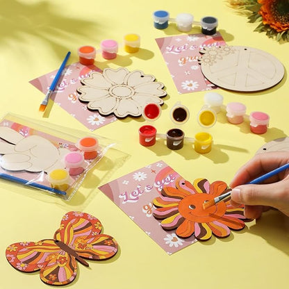 Saypacck 24 Pcs Groovy Boho Hippie Party Favors Wooden Painting Craft Kits Birthday Party Supplies with Organza Bag for Goodie Bags Fillers Adult Thank You Gifts