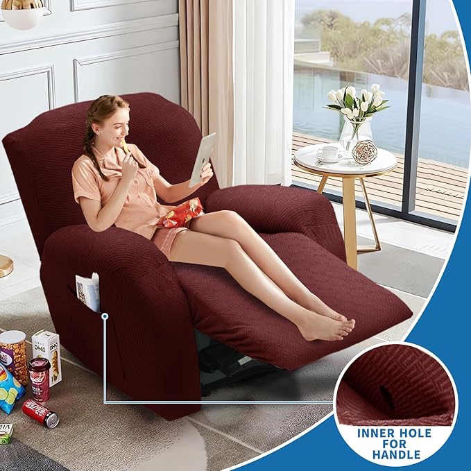 XINEAGE 4 Pieces Recliner Cover Stretch Jacquard Recliner Chair Covers Soft Recliner Slipcovers with Pocket for Kids and Pets, Washable Couch Cover (Recliner, Wine Red)