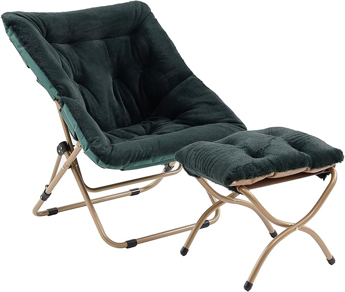 Comfy Saucer Chair with Ottoman, Oversized Folding Faux Fur Chair Soft Furry Lounge Lazy Chair with Metal Frame Moon Chair Accent Chair for Bedroom, Living Room, Dorm Rooms