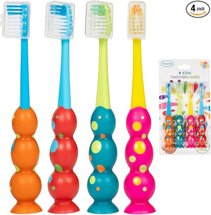 Kids Toothbrush - Soft Bristles with Suction Cup for Easy Storage, Toddler Toothbrush Children Sized Brush Head, Girl & Boy Set, Pack of 4