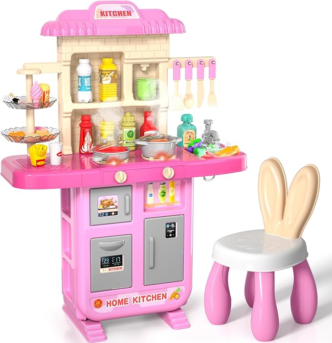 Kids Play Kitchen Playset for Toddlers Girls, Toy Kitchen Sets Pretend Play Food Toy with Chair for Girls Kids Ages 3-8, with Light Sound Spray