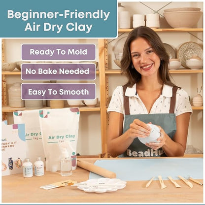 Pottery Kit for Beginners, 4.4Lbs Air Dry Clay for Adults with Sculpting Tools, Paint, Glaze, Air-Dry Modeling Clay Molding, Sculpt & Painting Set, Hobby Date Night DIY Art Craft Kits (White)