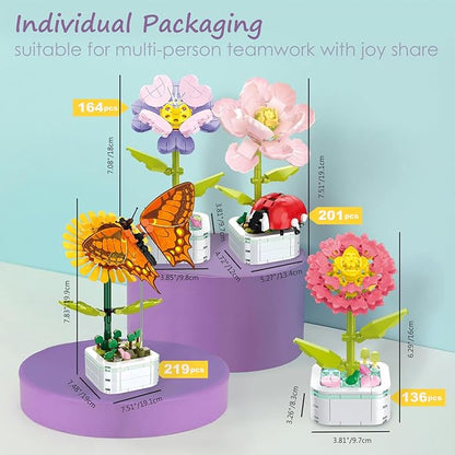 Flower Bouquet Building Set with Base, Flower Building Set Artificial Plant Flowers Building Blocks for Home Office Decor, Birthday Gifts, Desktop Trinkets Age 6+